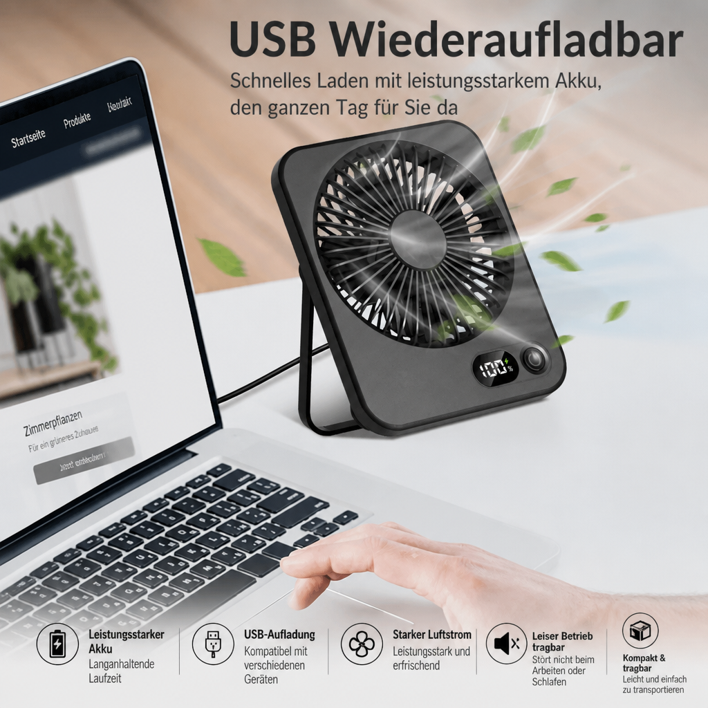 Wiederaufladbarer Tischventilator mit LED-Display & 5 Stufen