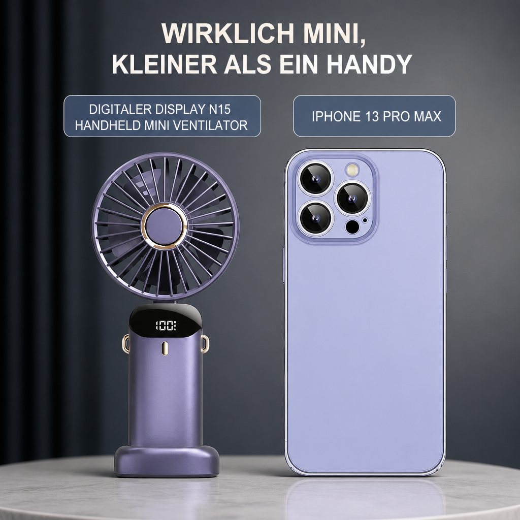 Tragbarer Mini Ventilator mit Display, 5 Stufen & USB-Akku