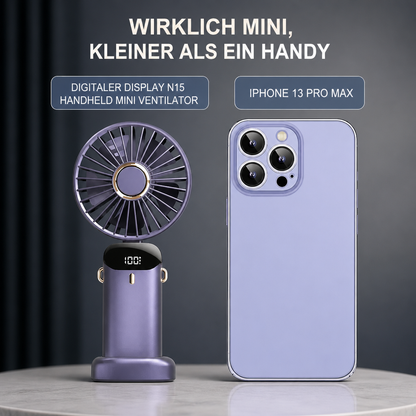 Tragbarer Mini Ventilator mit Display, 5 Stufen & USB-Akku