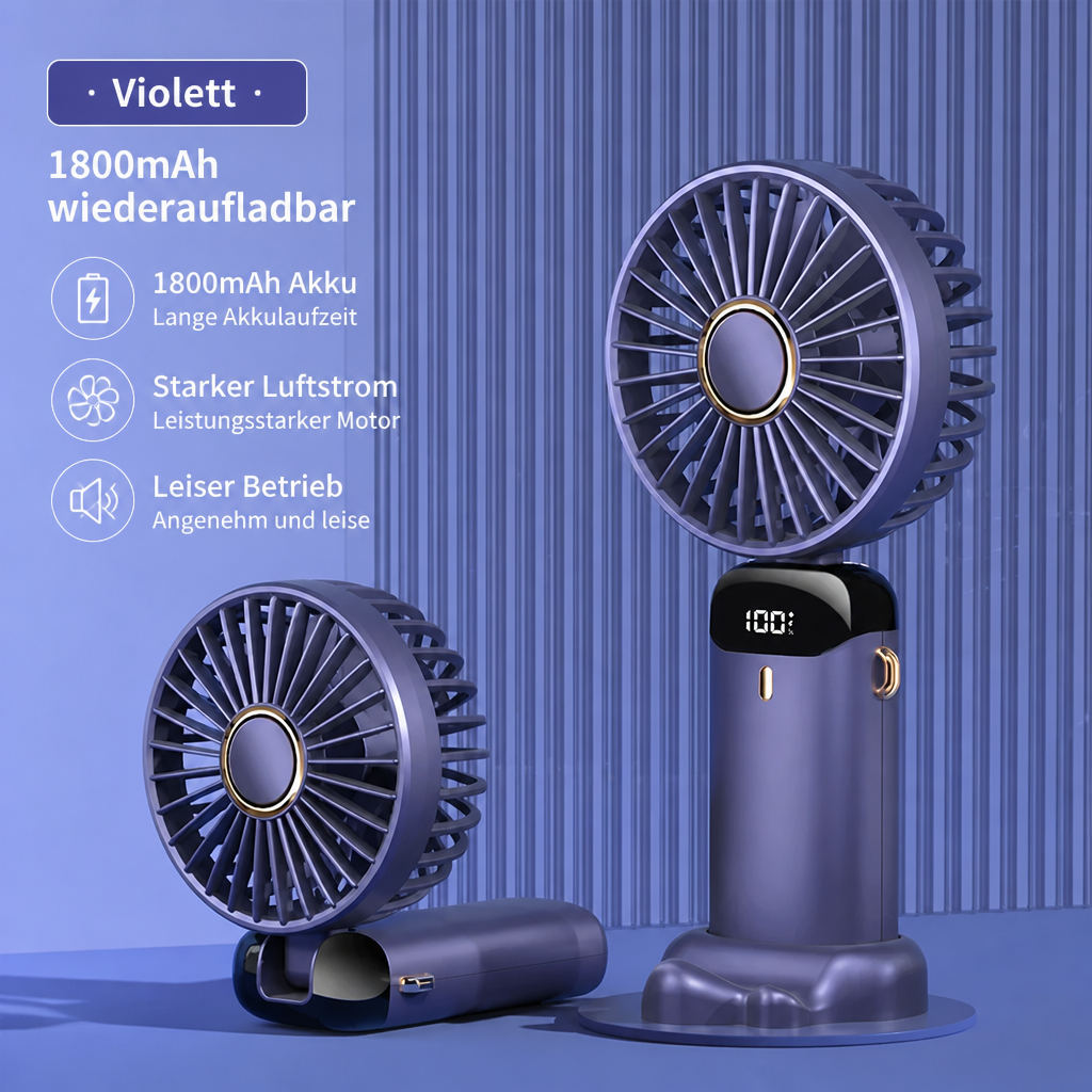 Tragbarer Mini Ventilator mit Display, 5 Stufen & USB-Akku